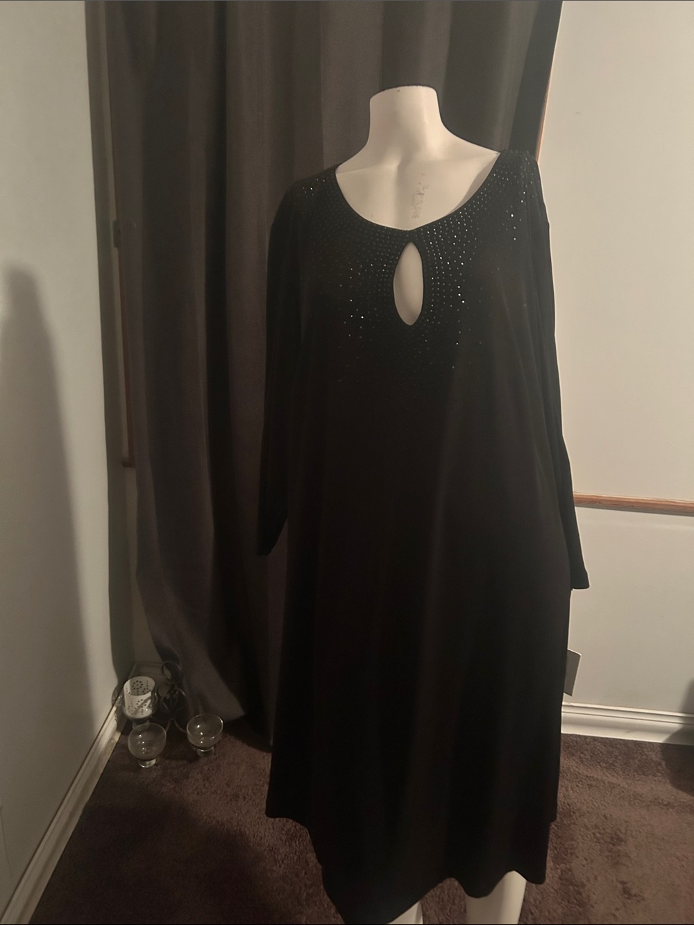 Calvin Klein Black Long Sleeve Keyhole Midi Dress with Embellished Neckline